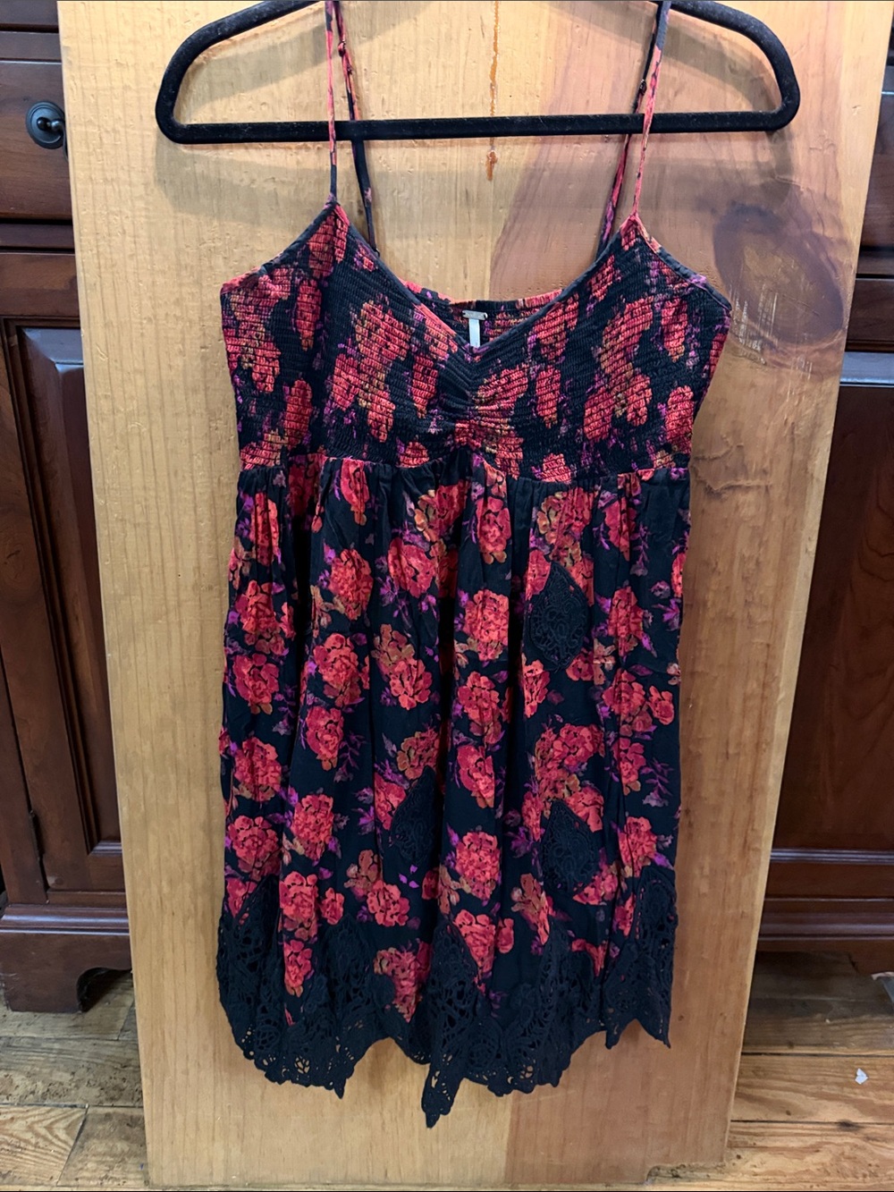 Free People Black & Red Floral Smocked Cami